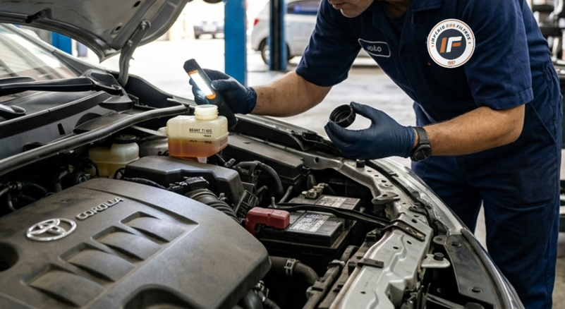Mecânico verificando nível do fluido de freio
